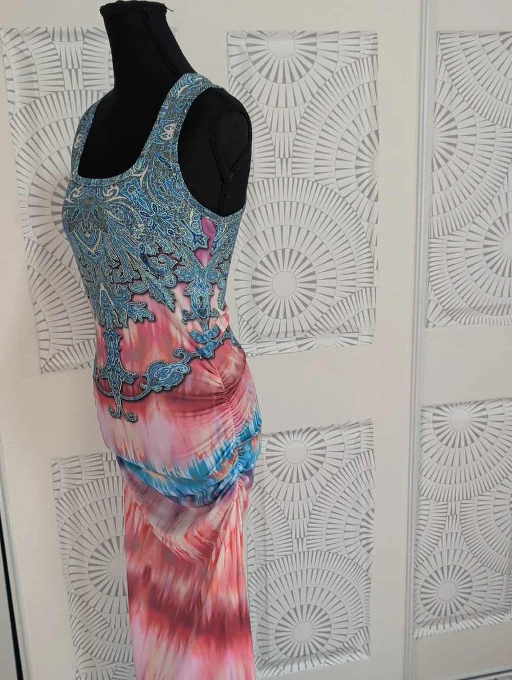 VENUS Blue and Pink Tie-Dye Maxi Dress with Embellished Bodice